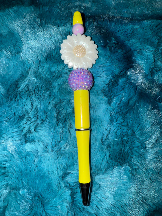 Yellow, Purple & White Flower Beaded Pen with Refill