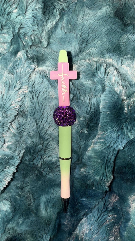 Teal & Purple Faith Beaded Pen With Refill