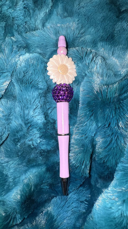 White & Purple Flower Beaded Pen With Refill