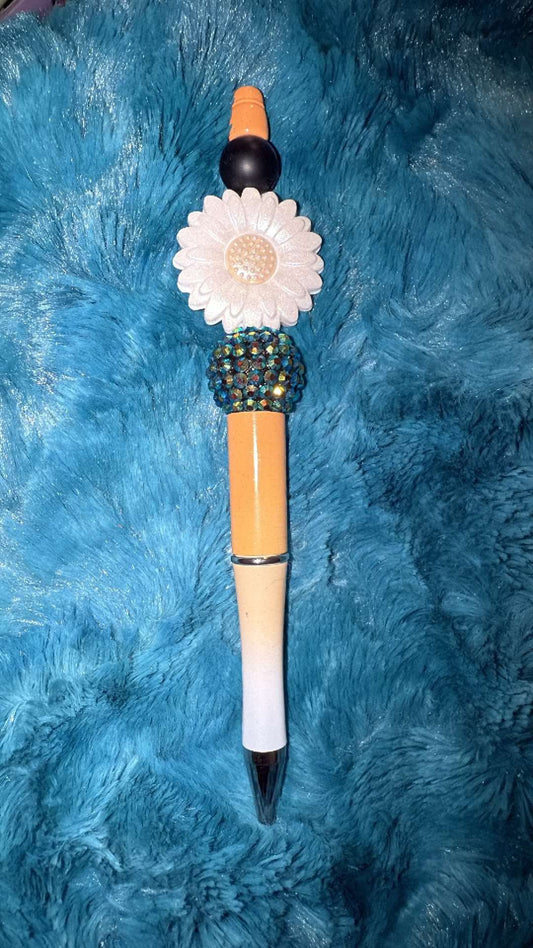 Orange, Black & White Flower Beaded Pen With Refill