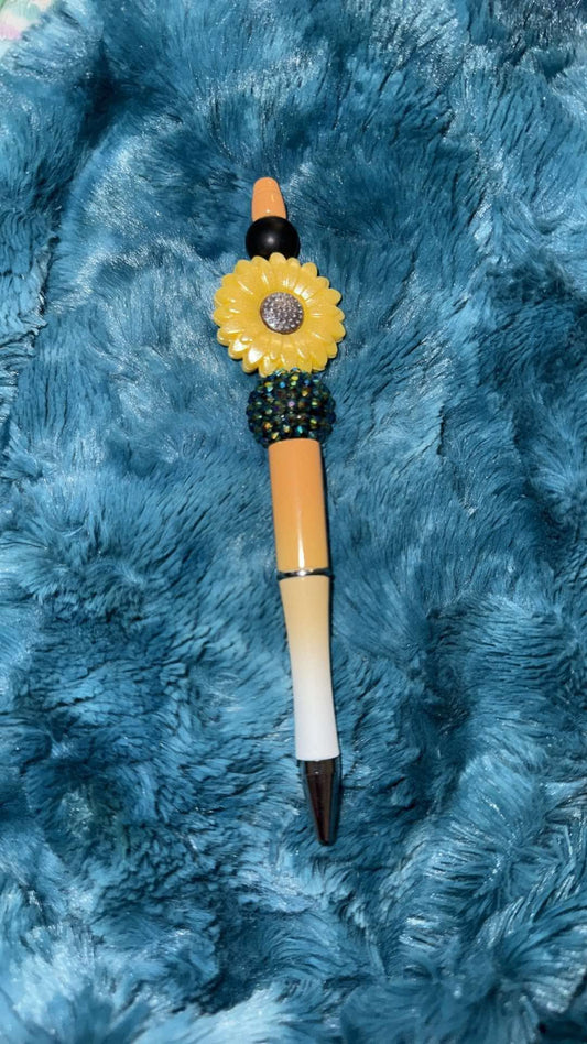 Orange, Black & Yellow Flower Beaded Pen With Refill