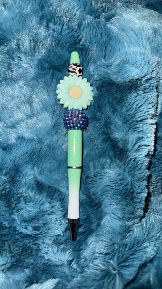 Teal, Blue, Leopard Flower Beaded Pen With Refill