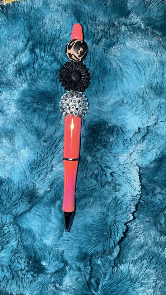 Pink, Silver, Leopard & Black Flower Beaded Pen With Refill