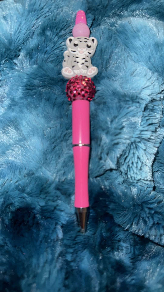 Pink & Grey Tiger Beaded Pen With Refill