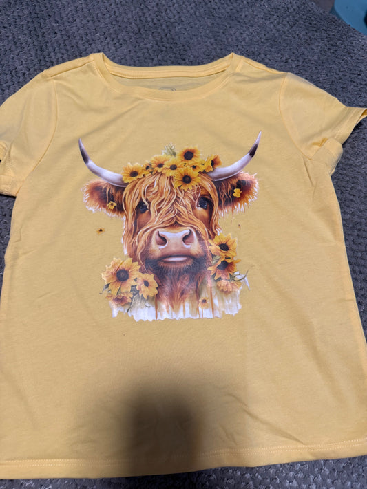 Girls Small (6-6x) Sunflower Highland Cow Shirt